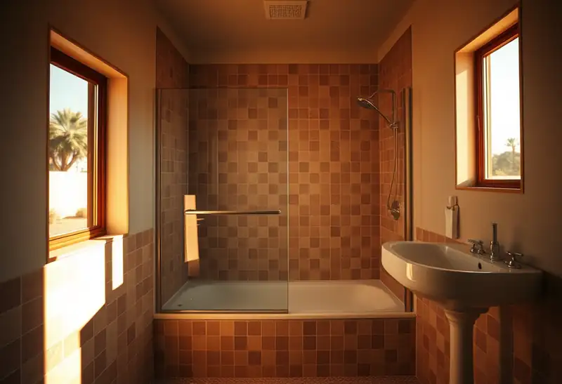 Illustration of bathroom with a walk-in glass shower and tiled walls in a 1961-era home