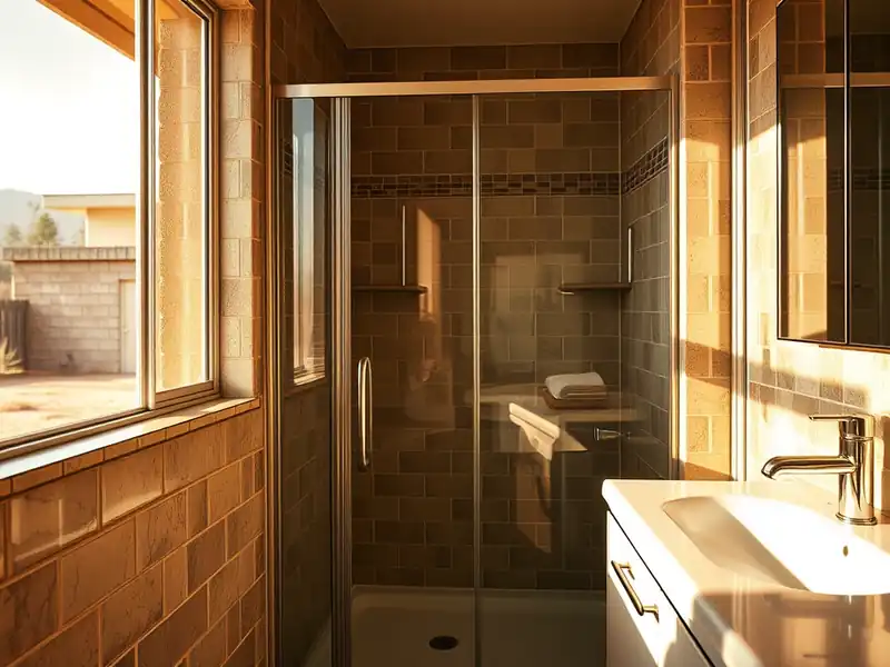 Illustration of close-up of materials and finishes of bathroom with a walk-in glass shower and tiled walls in a 1961-era home