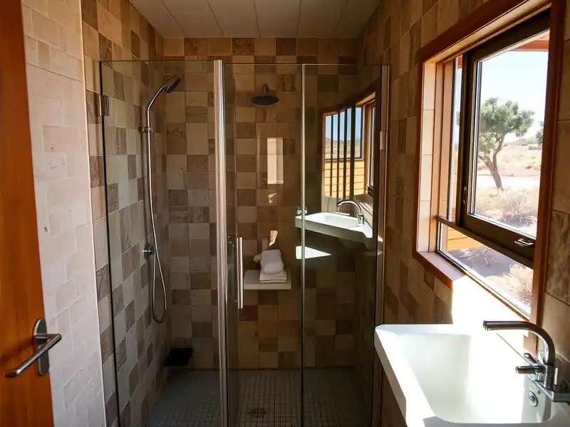 Illustration of close-up of materials and finishes of bathroom with a walk-in glass shower and tiled walls in a 1961-era home