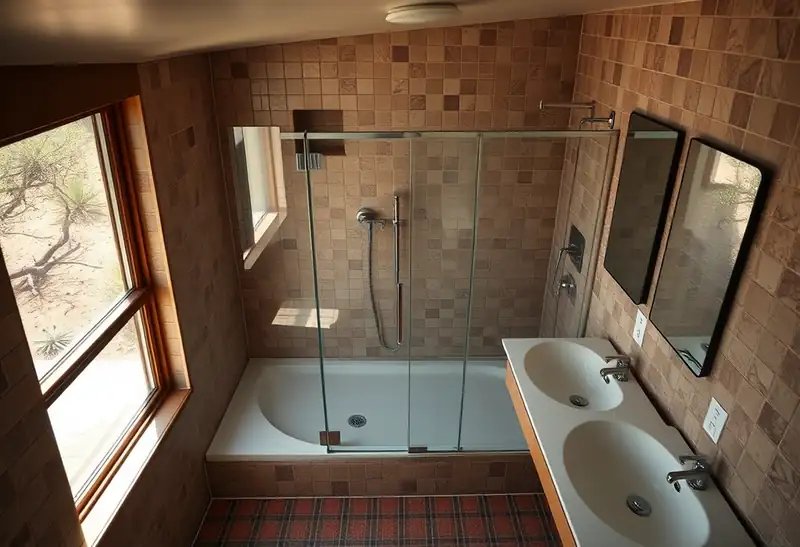 Illustration of bathroom with a walk-in glass shower and tiled walls in a 1961-era home