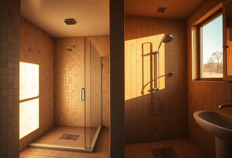 Illustration of bathroom with a walk-in glass shower and tiled walls in a 1961-era home