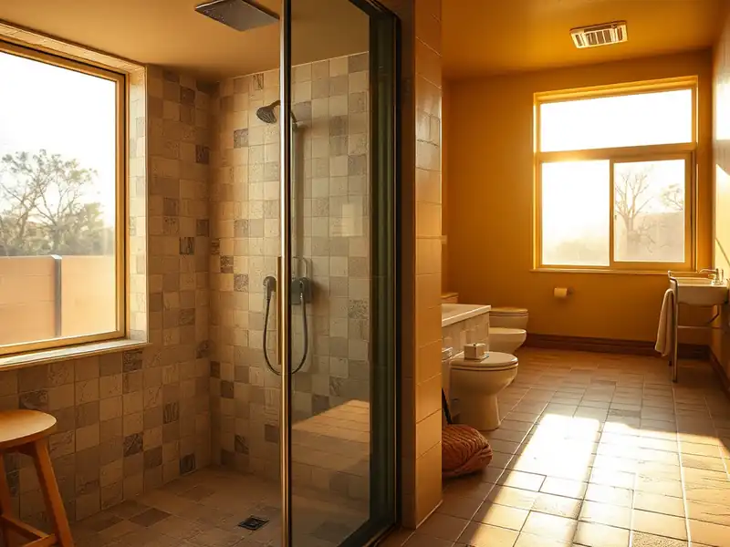 Illustration of close-up of materials and finishes of bathroom with a walk-in glass shower and tiled walls in a 1961-era home