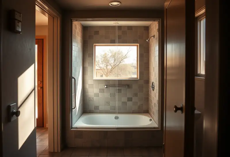 Illustration of bathroom with a walk-in glass shower and tiled walls in a 1961-era home