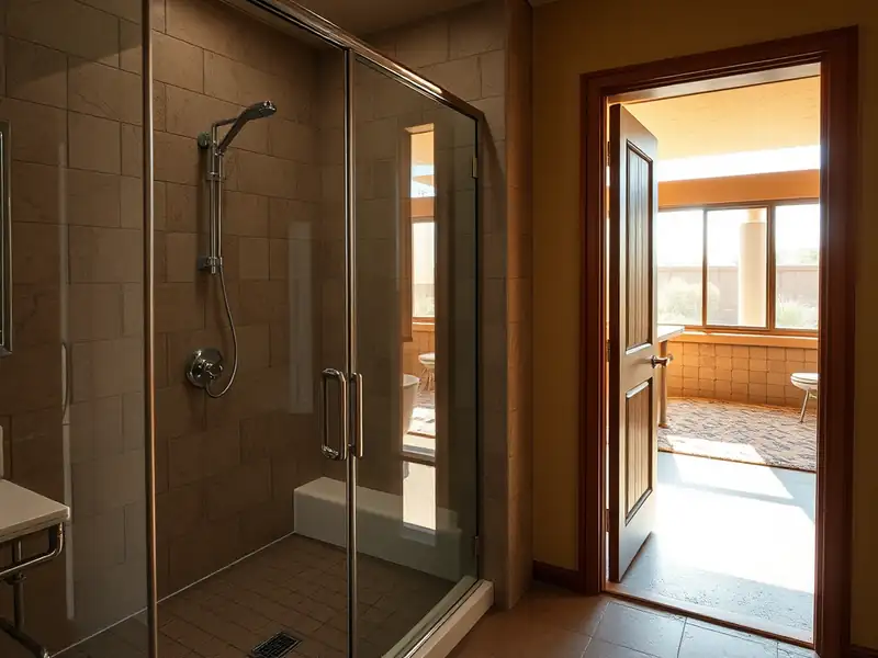 Illustration of close-up of materials and finishes of bathroom with a walk-in glass shower and tiled walls in a 1961-era home