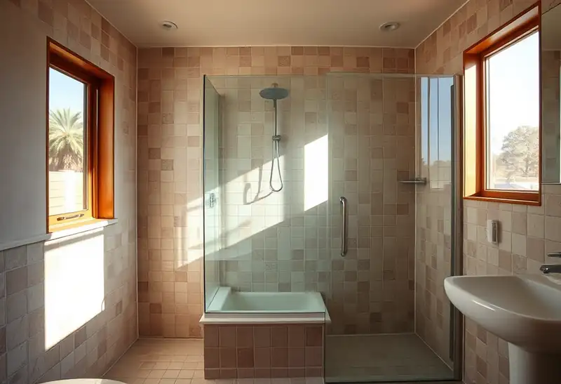 Illustration of bathroom with a walk-in glass shower and tiled walls in a 1961-era home