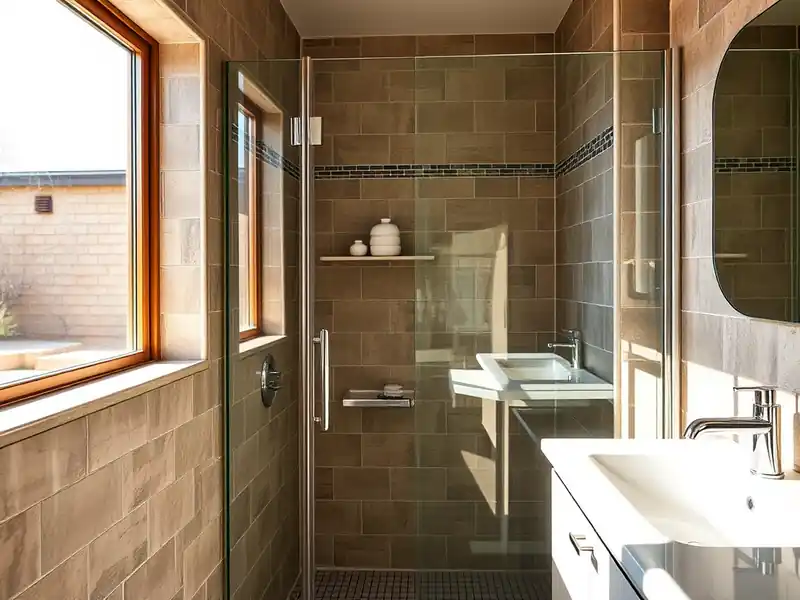 Illustration of close-up of materials and finishes of bathroom with a walk-in glass shower and tiled walls in a 1961-era home