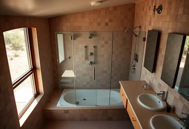 Illustration of bathroom with a walk-in glass shower and tiled walls in a 1961-era home