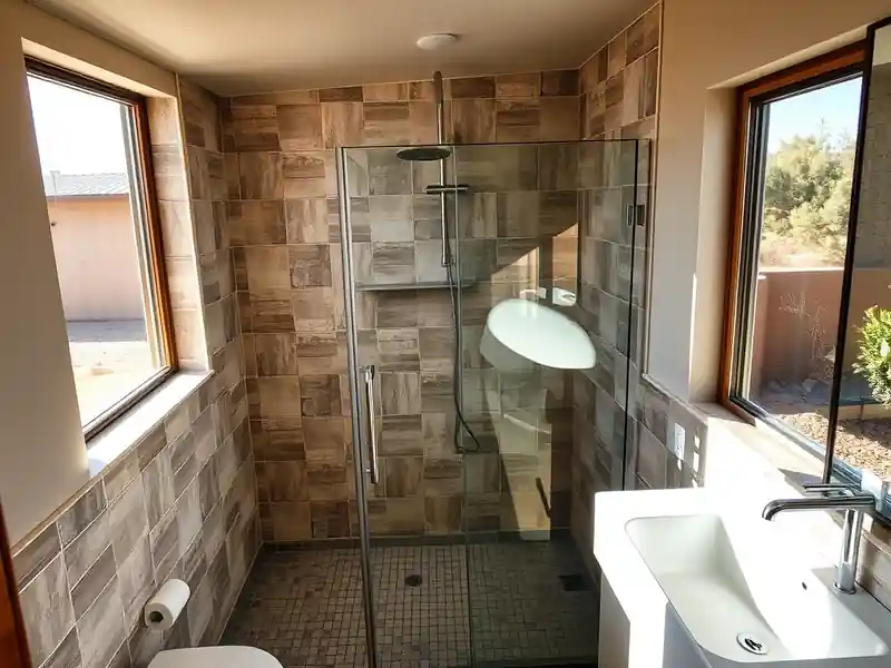 Illustration of close-up of materials and finishes of bathroom with a walk-in glass shower and tiled walls in a 1961-era home