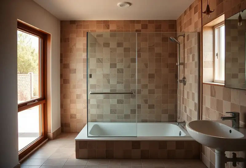 Illustration of bathroom with a walk-in glass shower and tiled walls in a 1961-era home