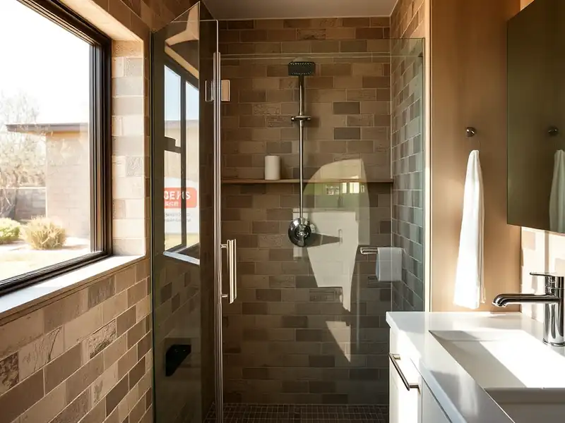 Illustration of close-up of materials and finishes of bathroom with a walk-in glass shower and tiled walls in a 1961-era home