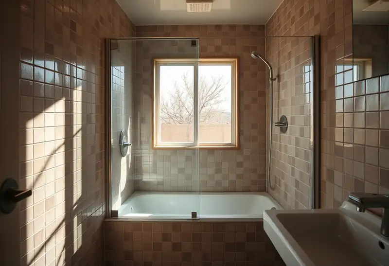 Illustration of bathroom with a walk-in glass shower and tiled walls in a 1961-era home