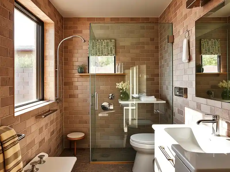 Illustration of close-up of materials and finishes of bathroom with a walk-in glass shower and tiled walls in a 1961-era home