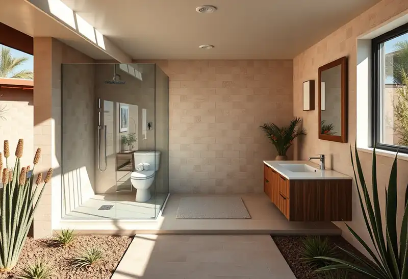 Illustration of bathroom with a walk-in glass shower and tiled walls in a 1961-era home