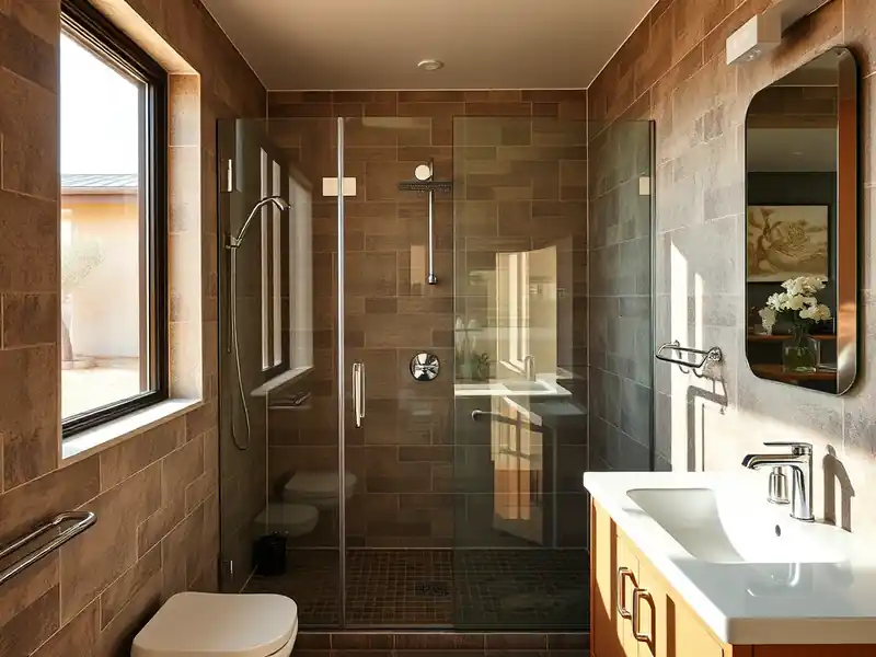 Illustration of close-up of materials and finishes of bathroom with a walk-in glass shower and tiled walls in a 1961-era home