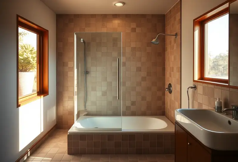 Illustration of bathroom with a walk-in glass shower and tiled walls in a 1961-era home