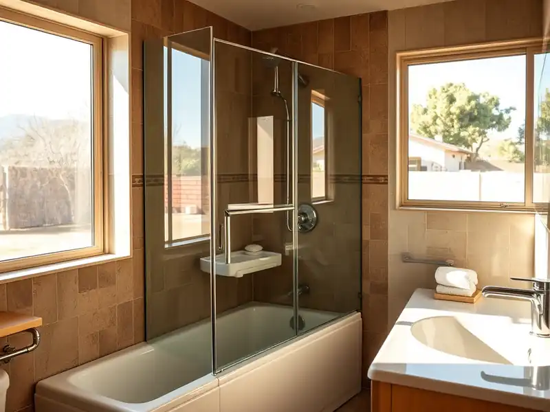 Illustration of close-up of materials and finishes of bathroom with a walk-in glass shower and tiled walls in a 1961-era home